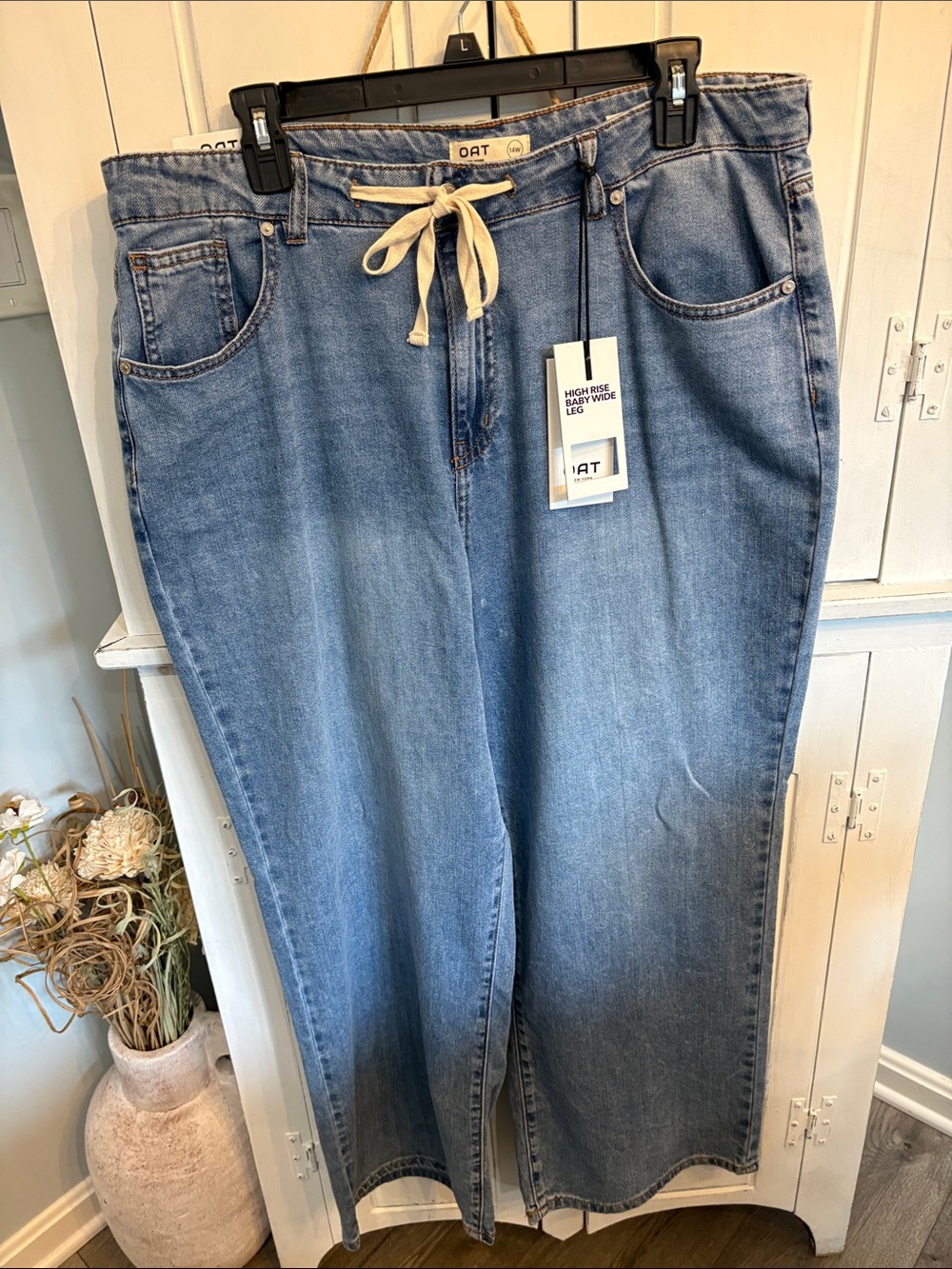 Oat New York Light Blue High-Rise Wide Leg Jeans with Drawstring
